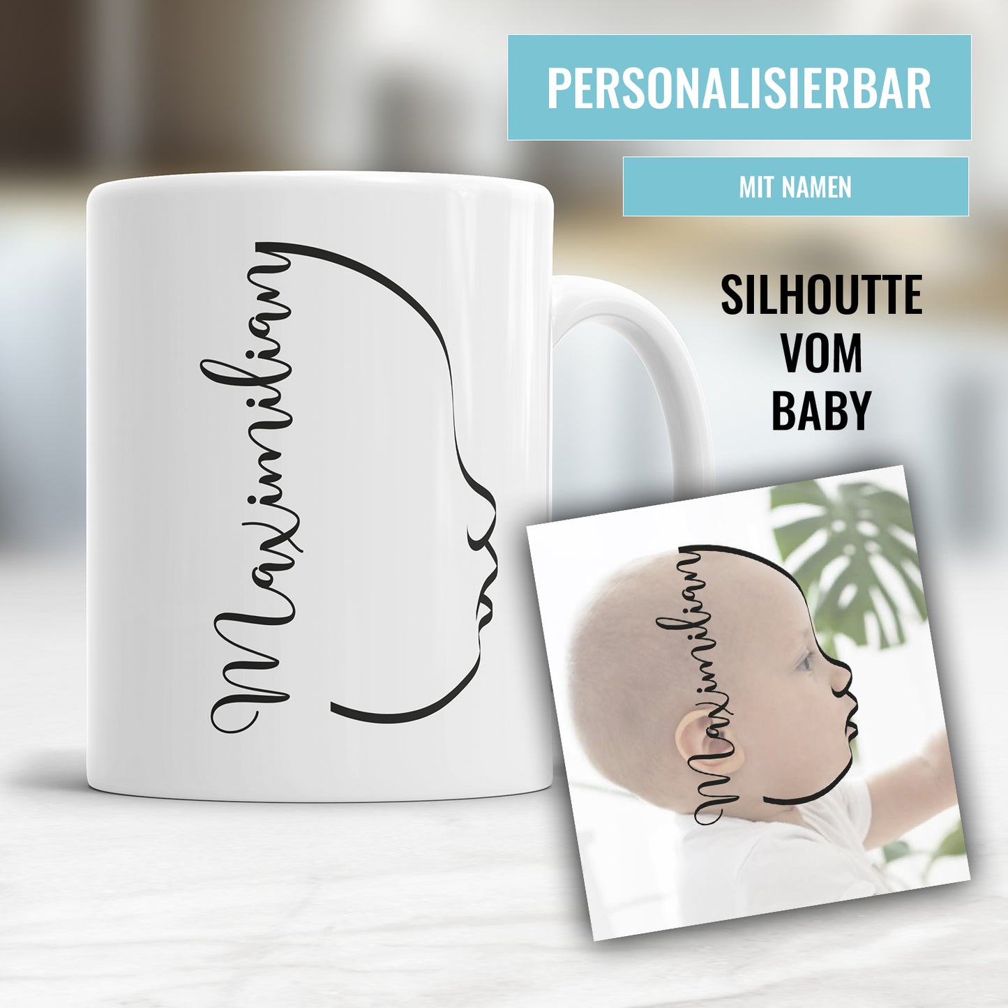 Baby Seitlich Silhouette personalisiert mit Name Tasse