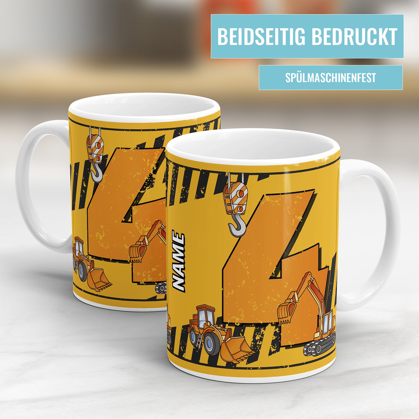 Bagger-Tasse zum 4. Geburtstag – Mit Namen des Geburtstagskindes - Fulima