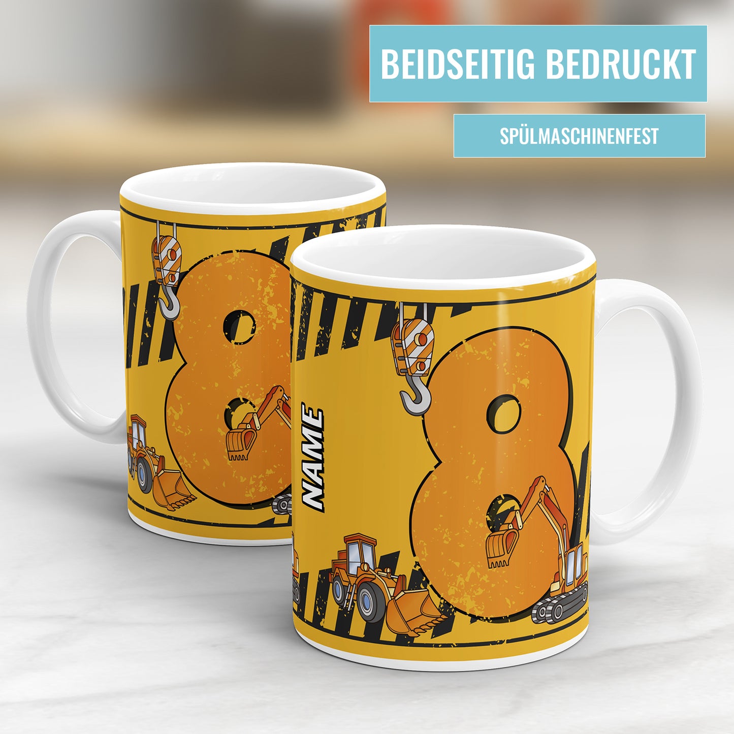 Bagger-Tasse zum 8. Geburtstag – Mit Namen des Geburtstagskindes - Fulima
