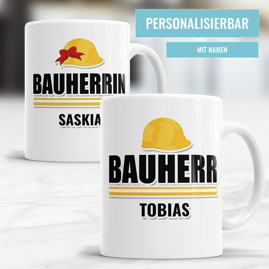 Bauherr/Bauherrin Tasse mit Schutzhelm - Personalisiert mit Namen - Geschenkidee - Fulima