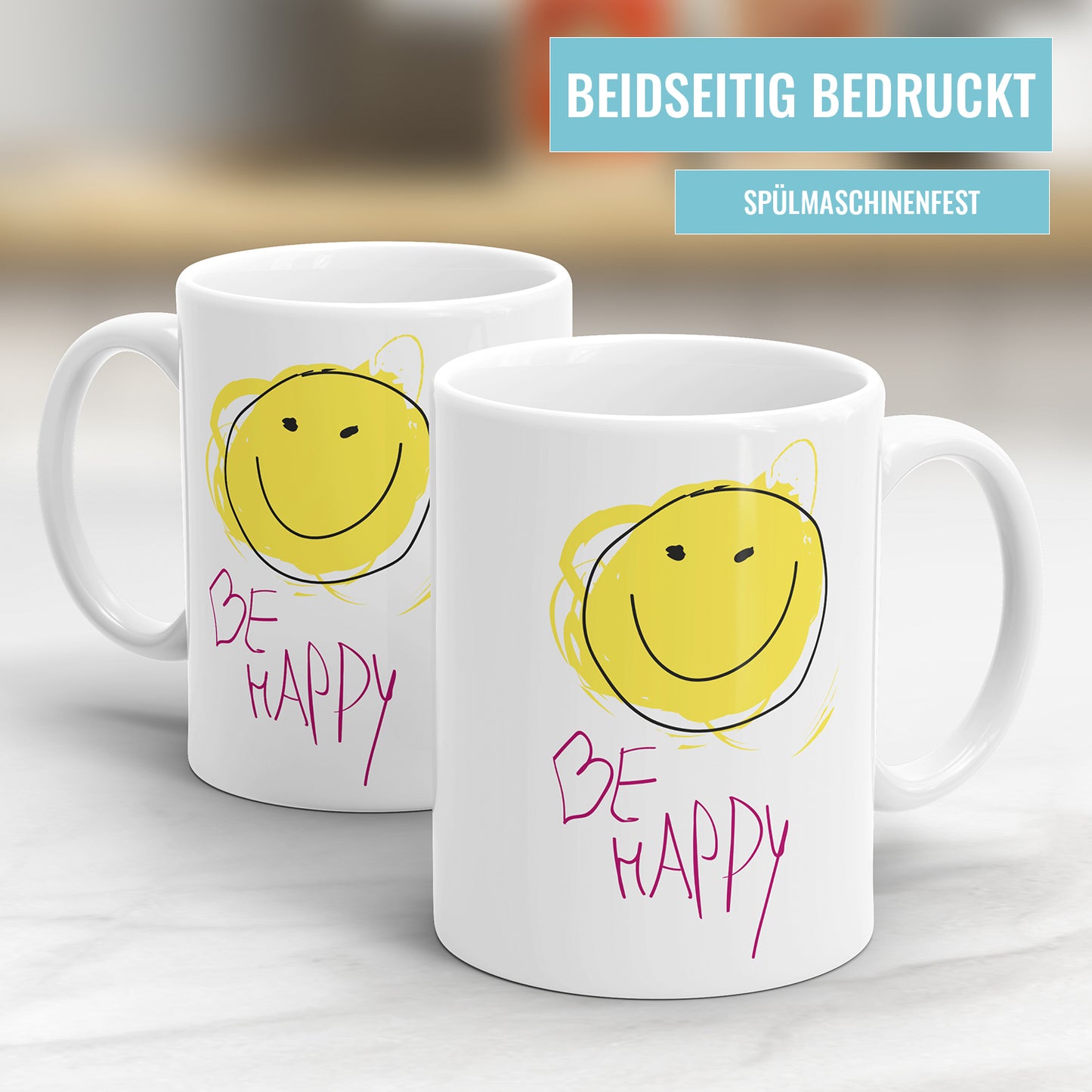 Tasse mit Spruch - "Be Happy" Grinsend - Lustige Geschenkidee - Fulima
