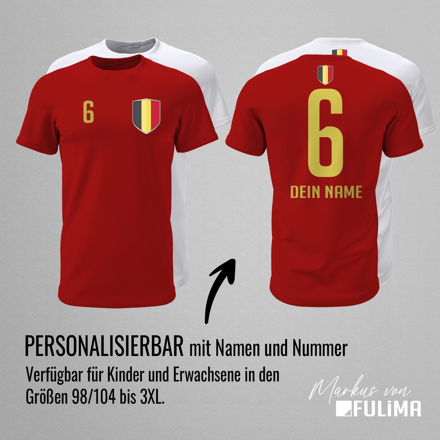 Belgien Shirt mit Wappen und individueller Nummer & Name - FULiMA®