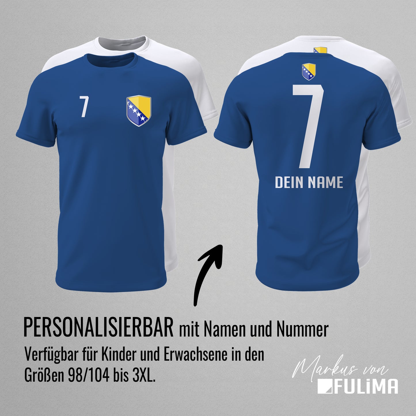 Bosnien-Herzegowina Shirt mit Wappen und individueller Nummer & Name - FULiMA®