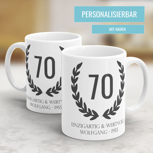 70 Jahre Lorbeerkranz Einzigartig und Wertvoll mit Namen - Geburtstag Tasse - Fulima