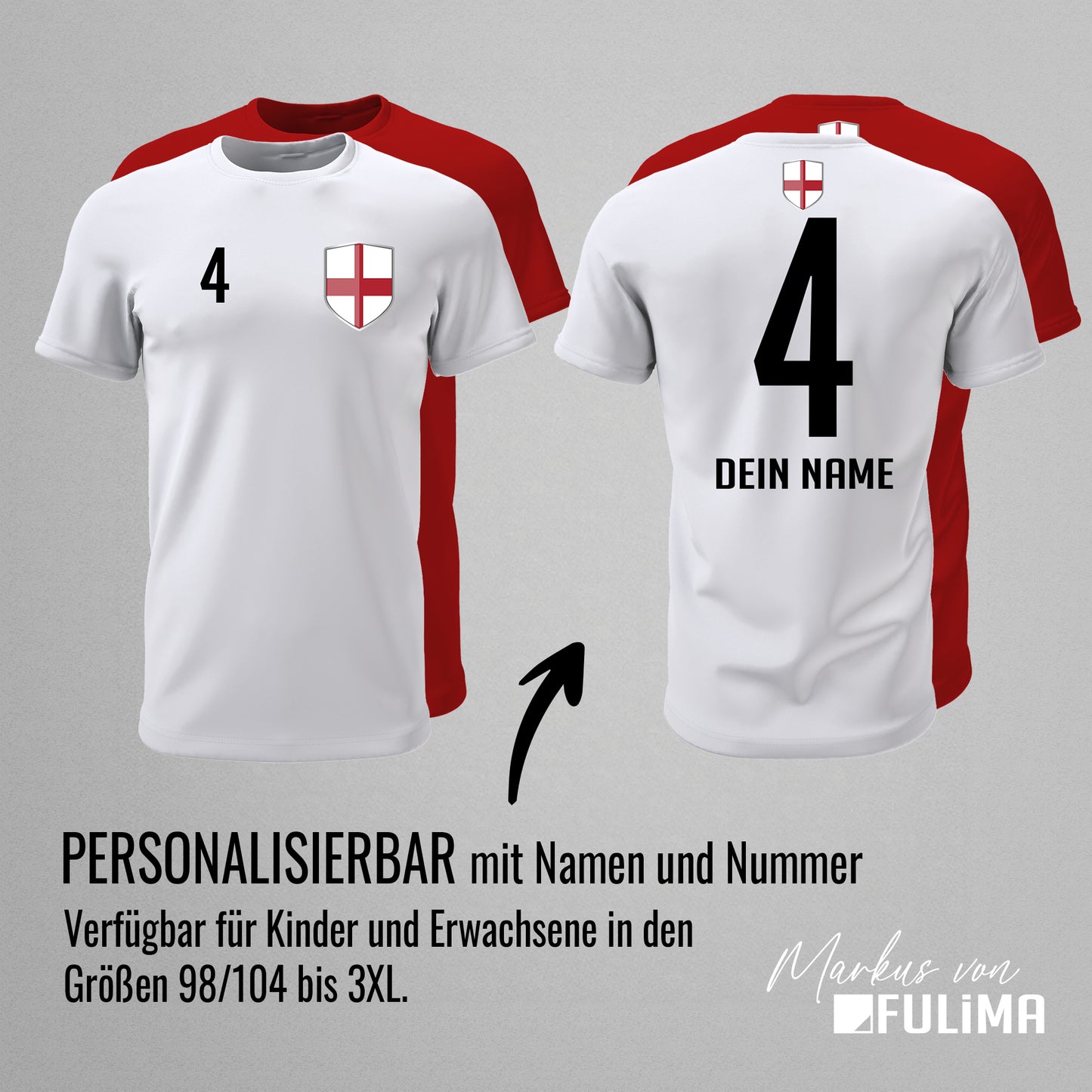 England Shirt mit Wappen und individueller Nummer & Name - FULiMA®