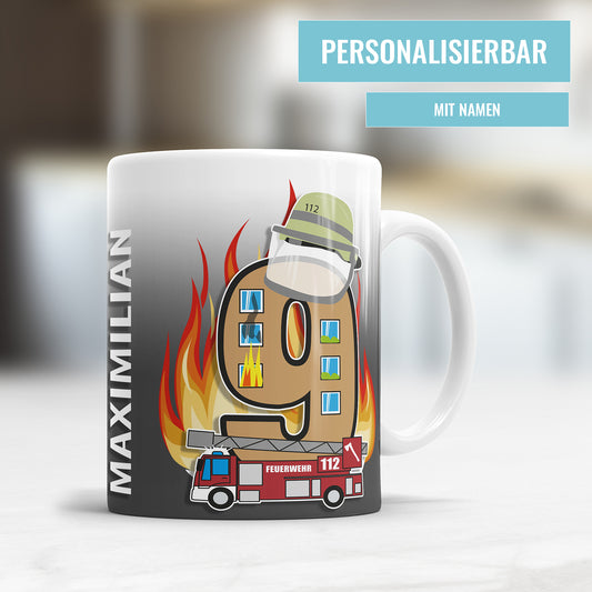 Feuerwehr Tasse zum 9. Geburtstag – Mit Namen des Geburtstagskindes - Fulima