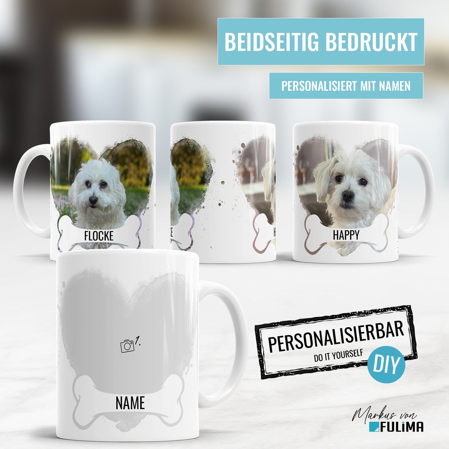 Personalisierte Fototasse mit Hunde Herz und Knochen – Mit Namen - Fulima