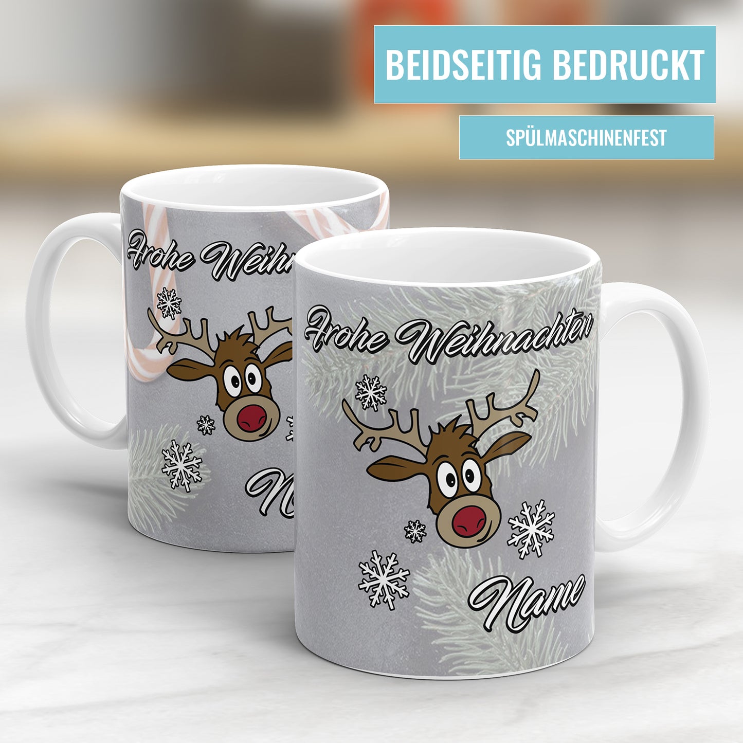 Frohe Weihnachten Rudolf Rentier mit Schneeflöckchen und Name Weihnachtstasse - Fulima