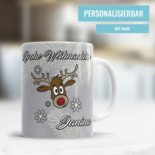 Frohe Weihnachten Rudolf Rentier mit Schneeflöckchen und Name Weihnachtstasse - Fulima