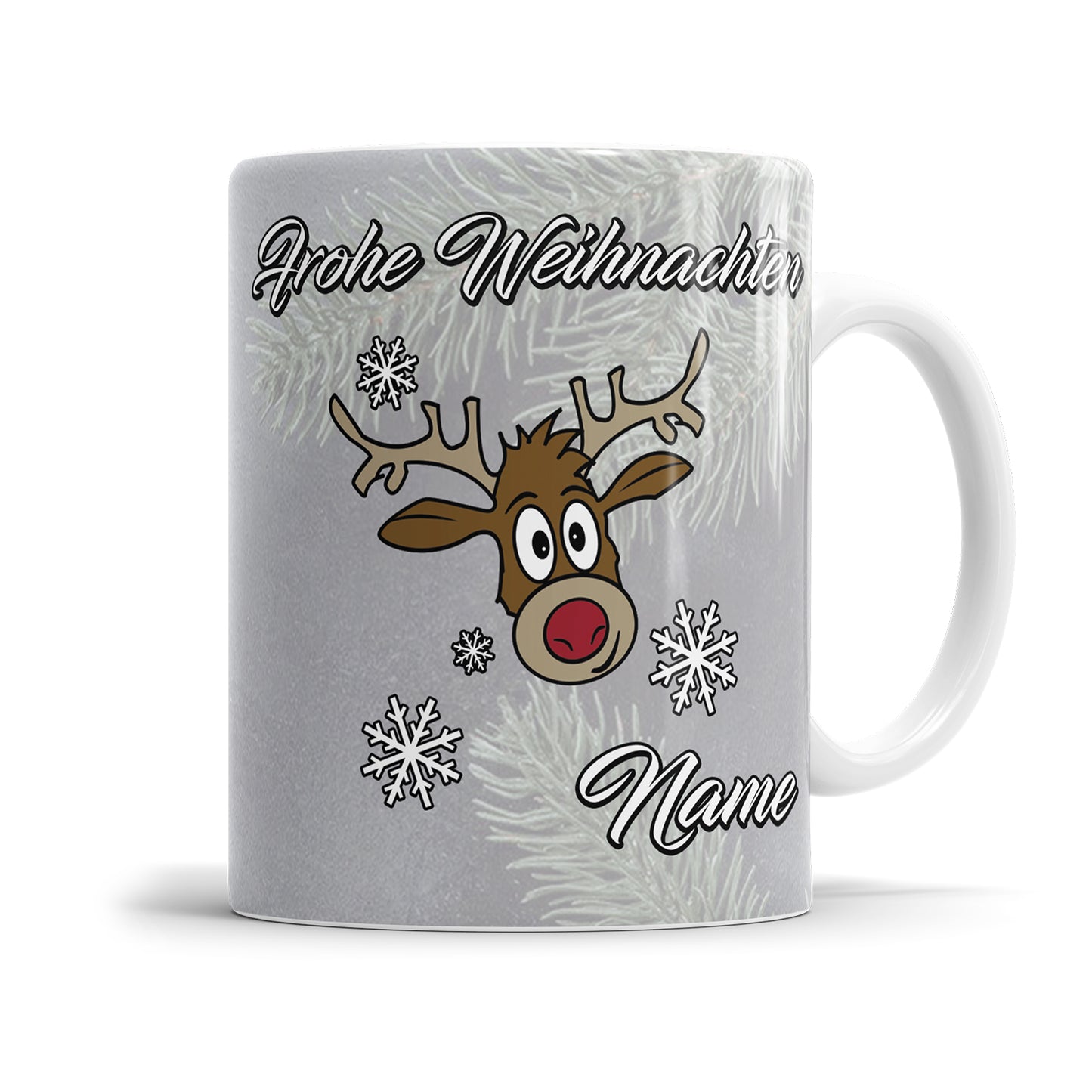 Frohe Weihnachten Rudolf Rentier mit Schneeflöckchen und Name Weihnachtstasse - Fulima