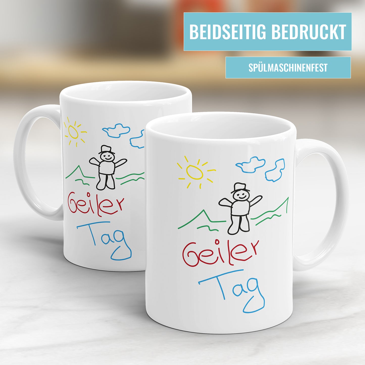 Lustige Tasse mit Spruch - Geiler Tag, Strichmännchen, Sonne & Wolken - Fulima