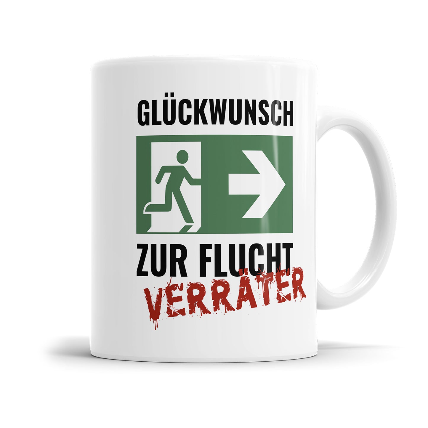 Lustige Abschiedstasse - "Glückwunsch zur Flucht, Verräter!" - Sprüche Tasse - Fulima