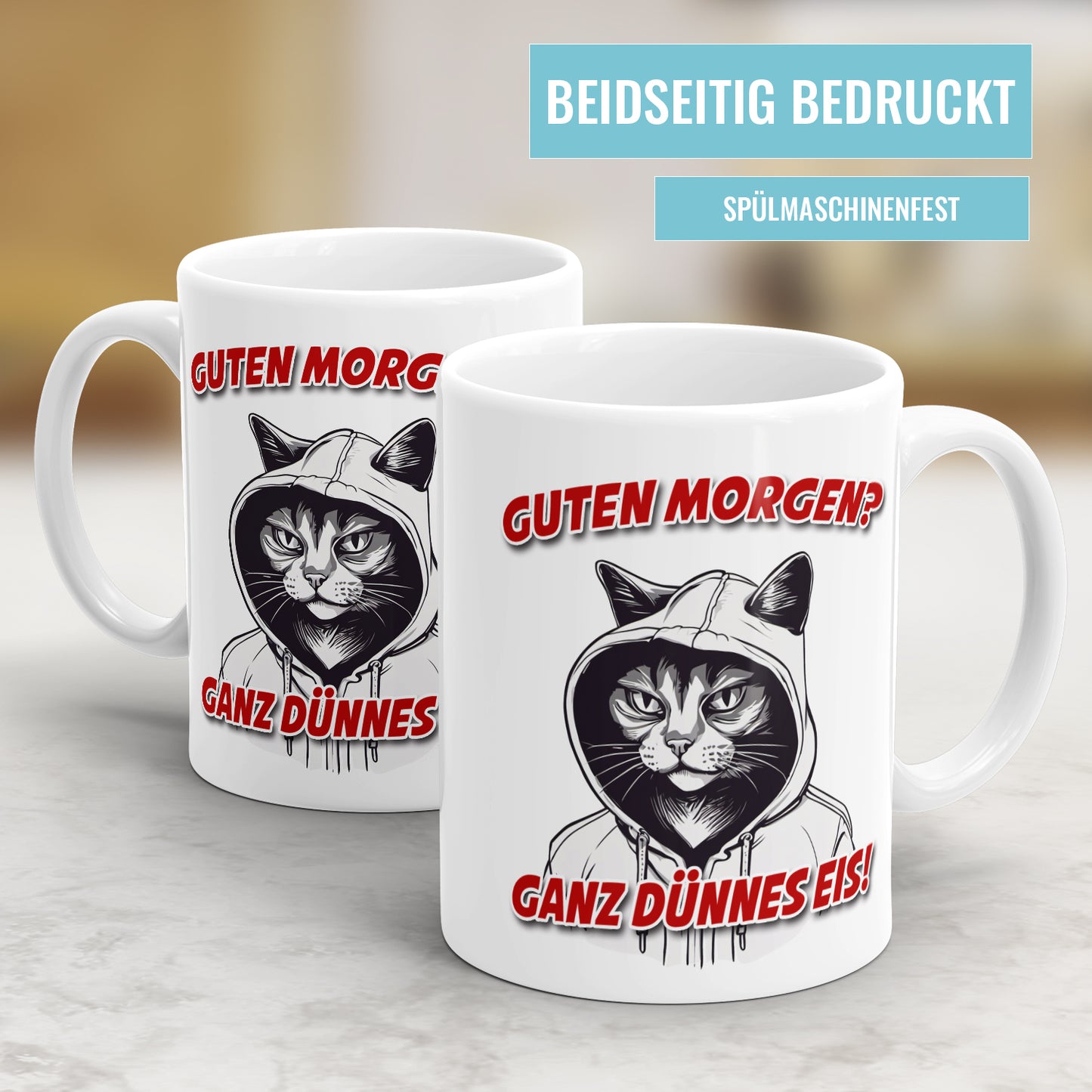 Lustige Tasse "Guten Morgen – Ganz Dünnes Eis" mit Katze im Hoodie und Gangsterblick - Fulima