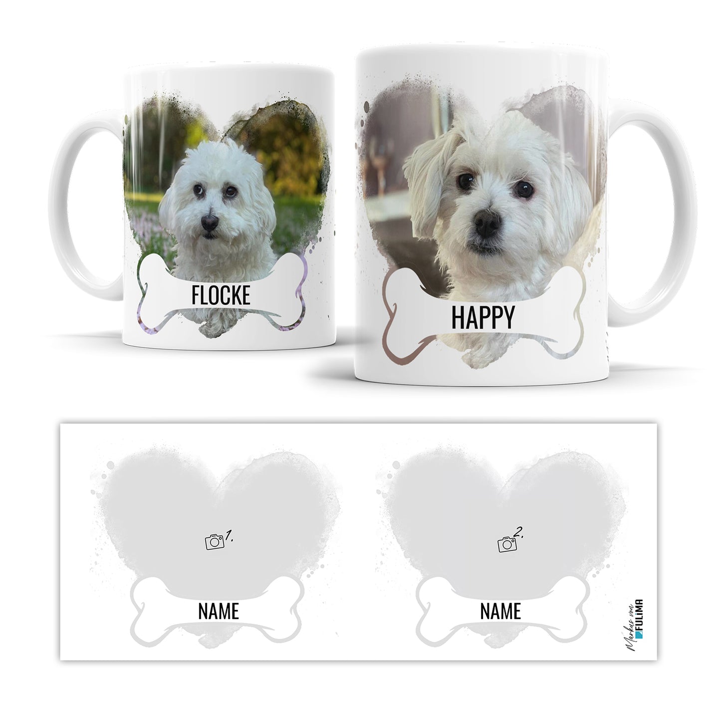 Personalisierte Fototasse mit Hunde Herz und Knochen – Mit Namen - Fulima