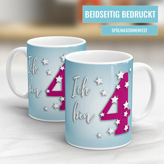 Tasse für den 4. Geburtstag – Große Pinke 4 mit Sternen - Fulima