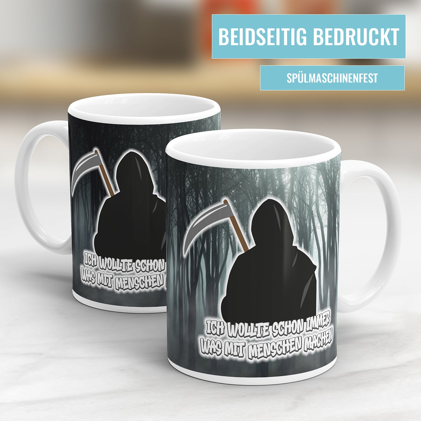 Lustige Sensenmann Tasse – "Ich wollte schon immer was mit Menschen machen" – Geschenkidee - Fulima