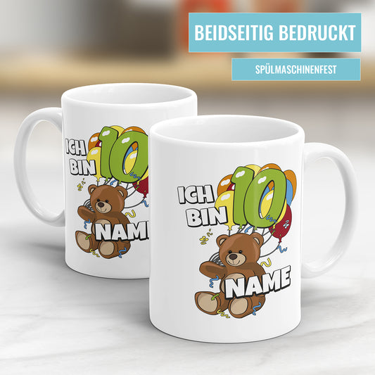 Teddy mit Luftballons Tasse zum 10. Geburtstag – Mit Namen des Geburtstagskindes - Fulima