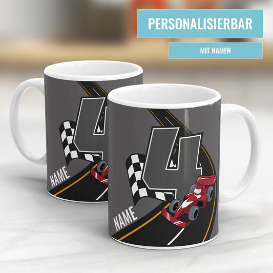 Rennauto-Tasse zum 4. Geburtstag – Mit Namen des Geburtstagskindes - Fulima