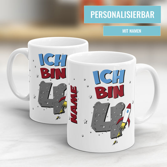 Weltraum Rakete Tasse zum 4. Geburtstag – Mit Namen des Geburtstagskindes - Fulima