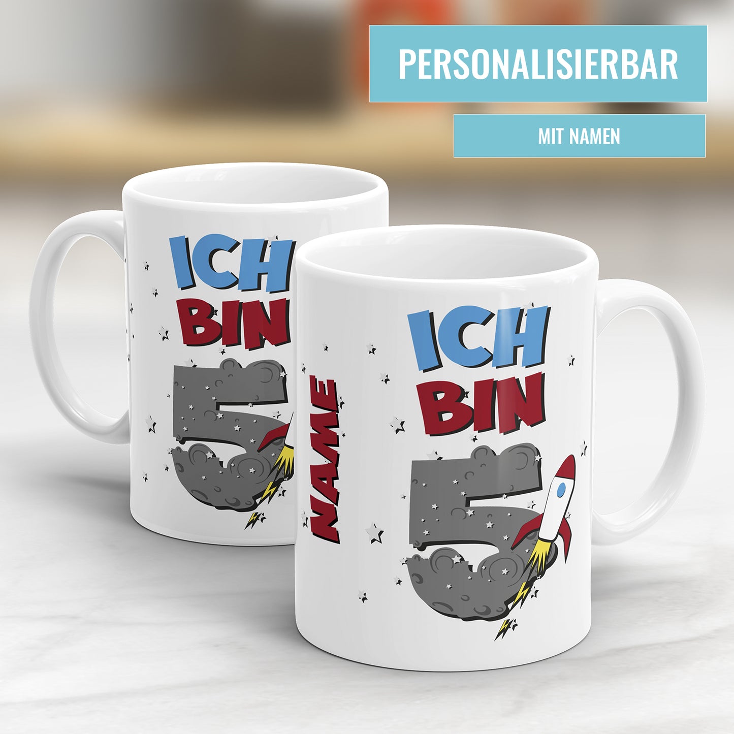 Weltraum Rakete Tasse zum 5. Geburtstag – Mit Namen des Geburtstagskindes - Fulima