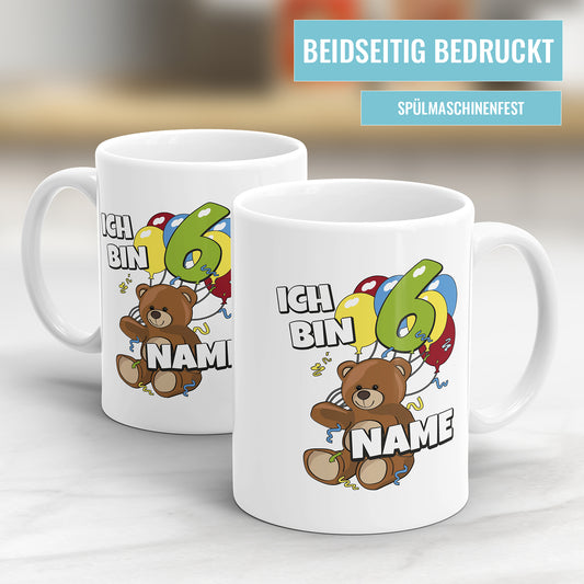 Teddy mit Luftballons Tasse zum 6. Geburtstag – Mit Namen des Geburtstagskindes - Fulima