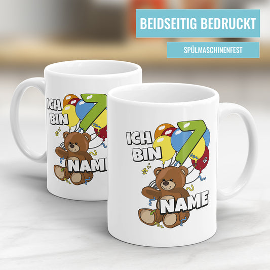 Teddy mit Luftballons Tasse zum 7. Geburtstag – Mit Namen des Geburtstagskindes - Fulima
