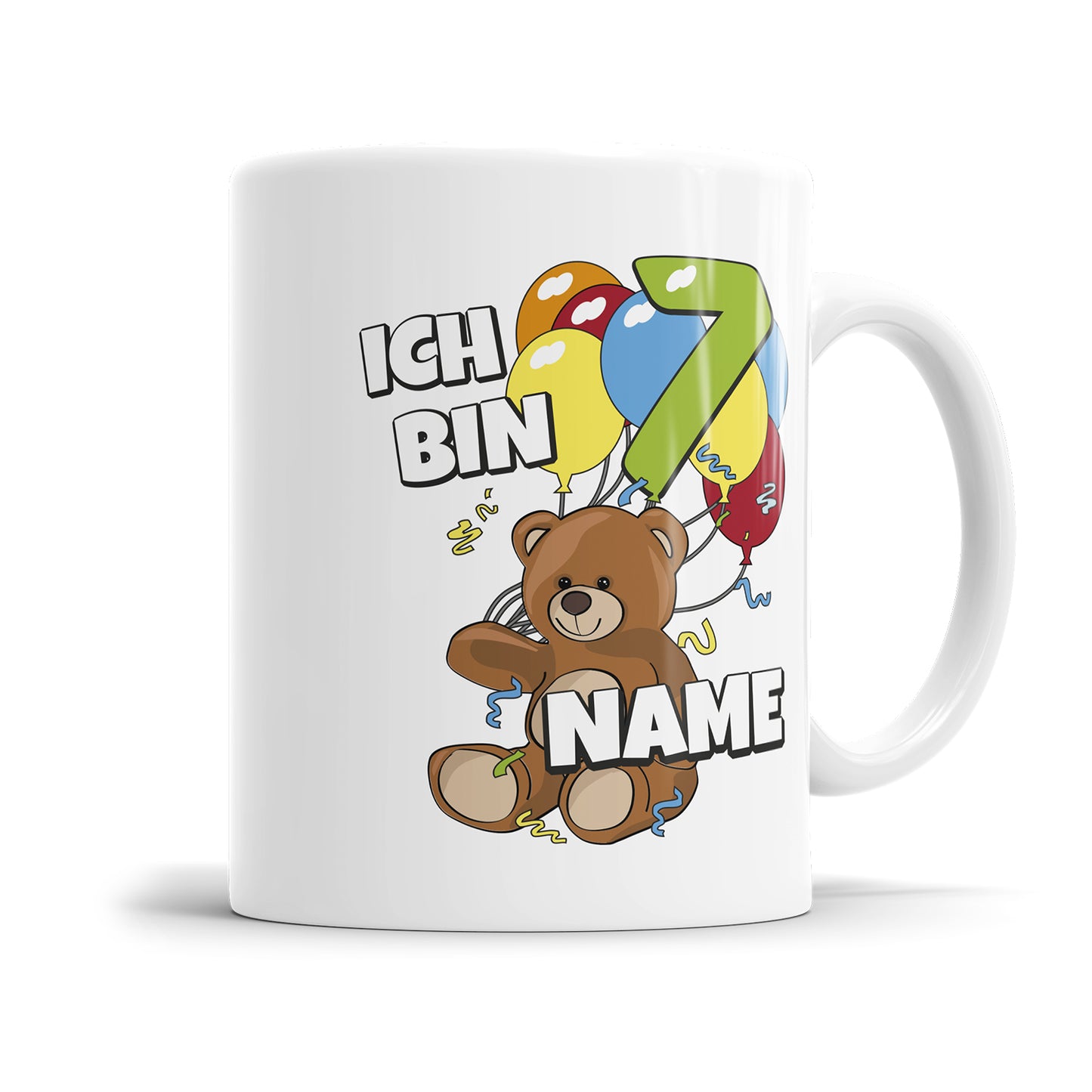 Teddy mit Luftballons Tasse zum 7. Geburtstag – Mit Namen des Geburtstagskindes - Fulima