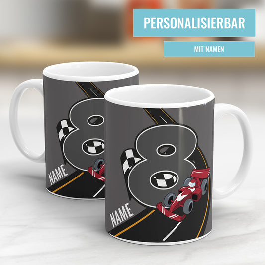 Rennauto-Tasse zum 8. Geburtstag – Mit Namen des Geburtstagskindes - Fulima