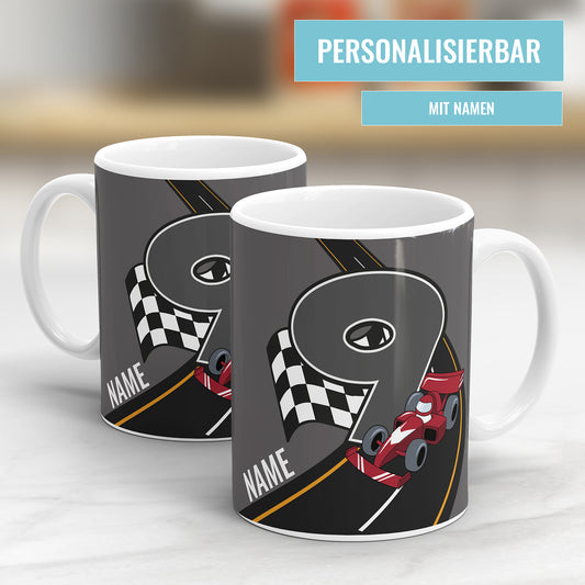 Rennauto-Tasse zum 9. Geburtstag – Mit Namen des Geburtstagskindes - Fulima