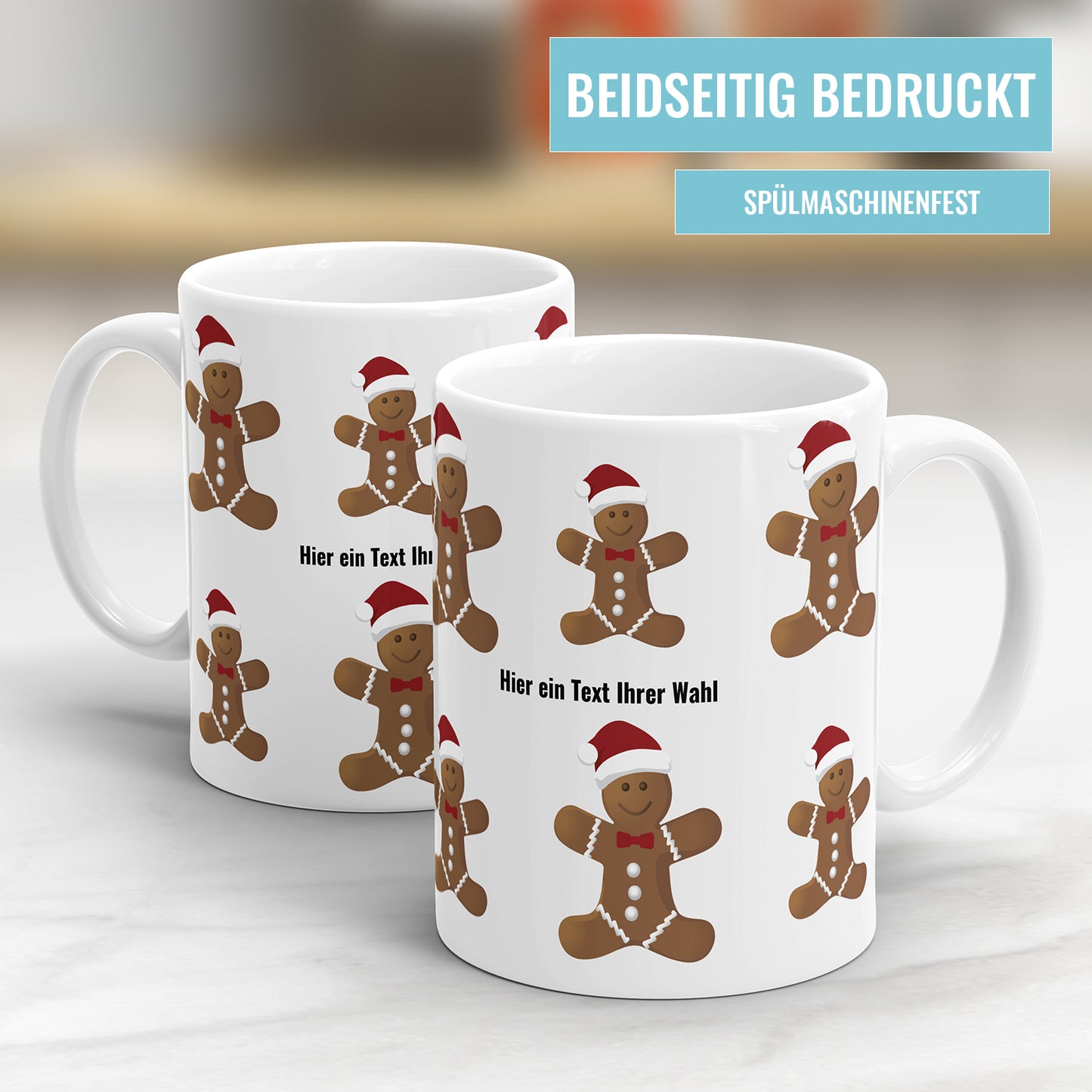 Lebkuchenmännchen mit Weihnachtsmütze mit Wunschtext Weihnachtstasse - Fulima