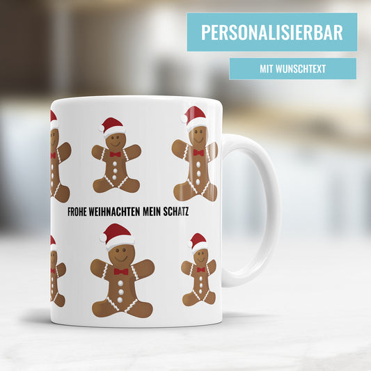 Lebkuchenmännchen mit Weihnachtsmütze mit Wunschtext Weihnachtstasse - Fulima