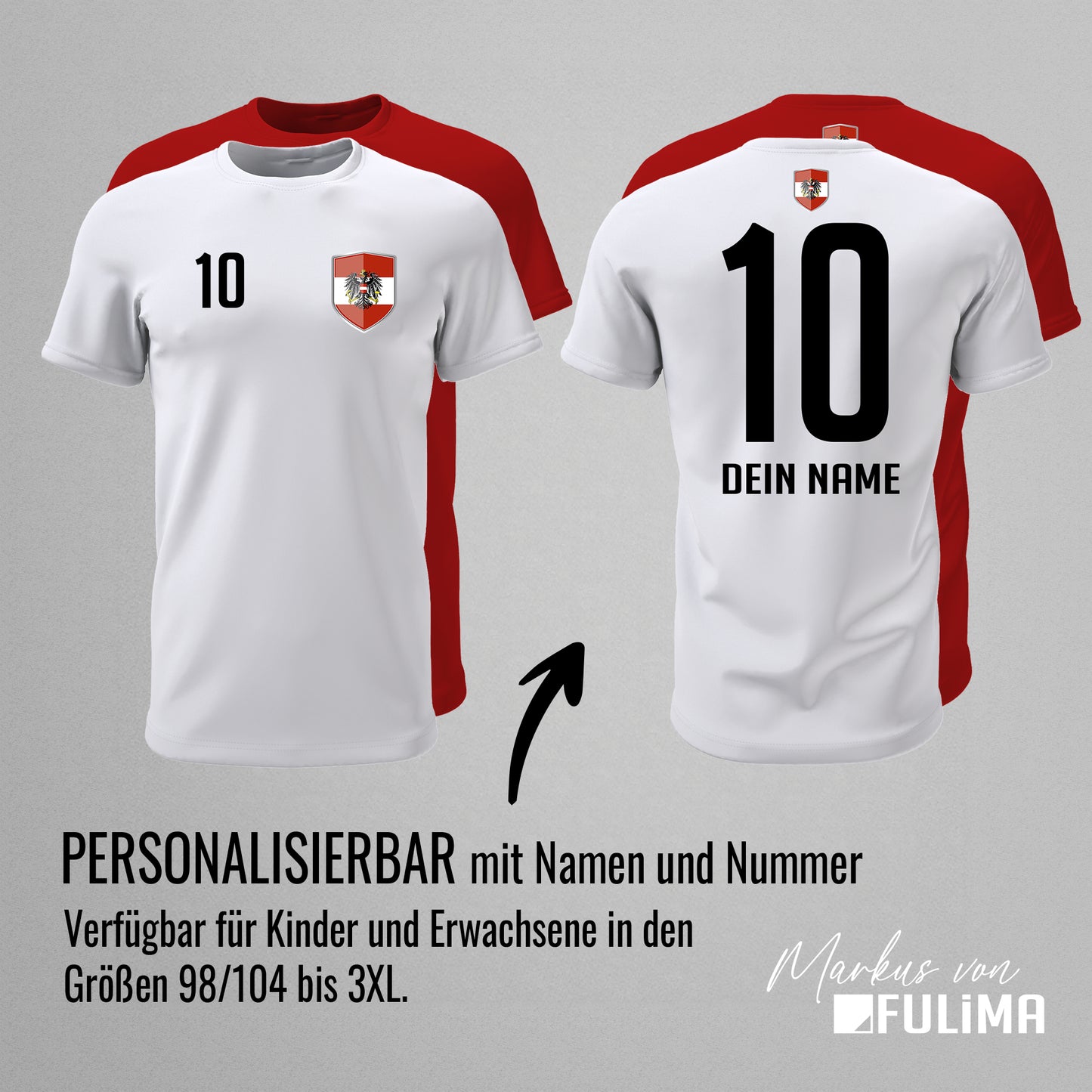 Österreich Shirt mit Wappen und individueller Nummer & Name - FULiMA®