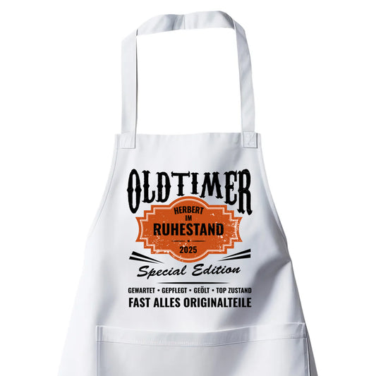 Rentner Grill- Kochschürze - Oldtimer - Name - im Ruhestand - Rente 2025 - Rente Geschenk Weiß - Fulima