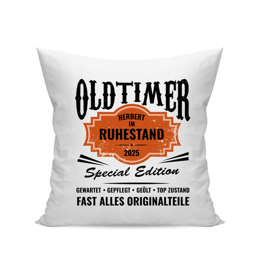 Ruhestand Kissen - Oldtimer - Name - im Ruhestand - Geschenk zur Rente Weiß - Fulima