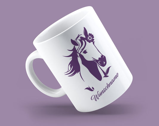 Pferdekopf Tasse mit Blumen personalisiert mit Namen - Fulima