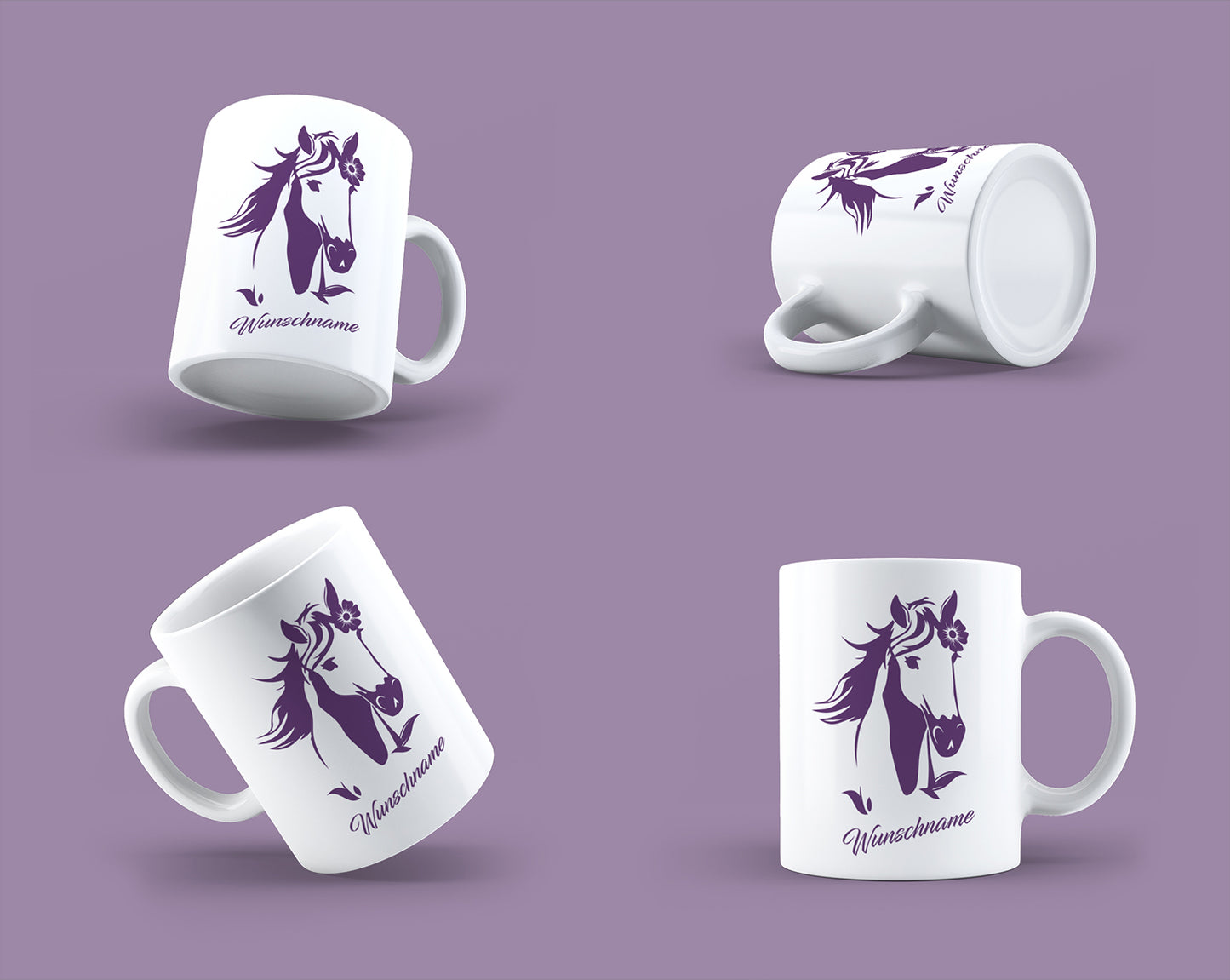 Pferdekopf Tasse mit Blumen personalisiert mit Namen - Fulima