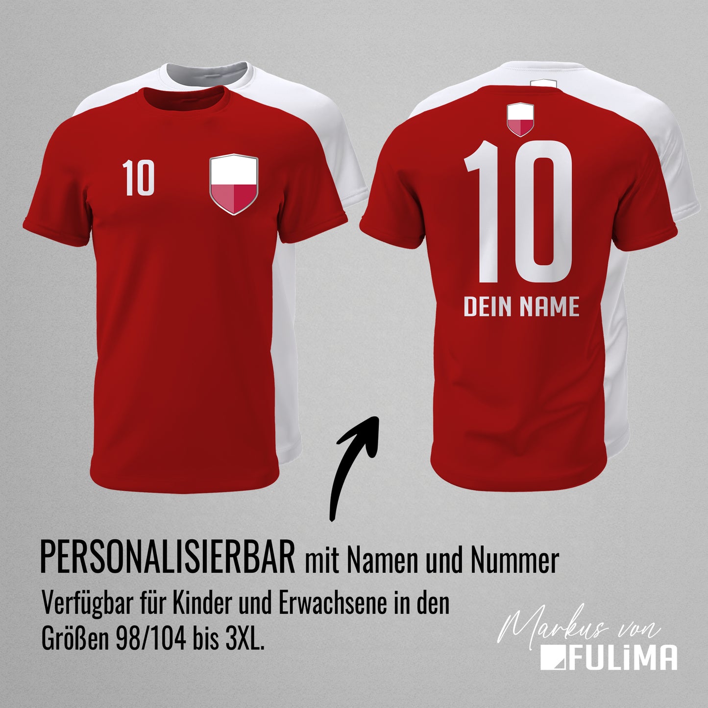 Polen Shirt mit Wappen und individueller Nummer & Name - FULiMA®
