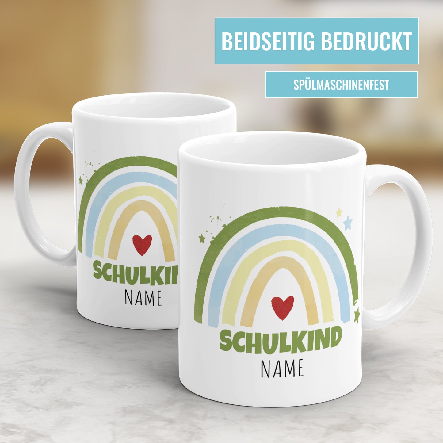 Schulkind Regenbogen Green Edition personalisiert mit Namen - Kindertasse - Fulima