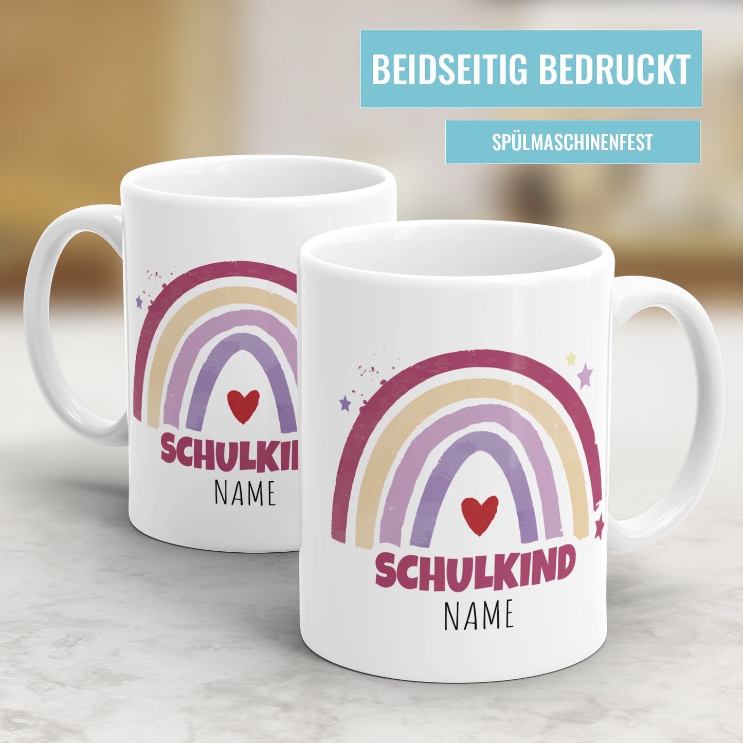 Schulkind Regenbogen Pink Edition personalisiert mit Namen - Kindertasse - Fulima