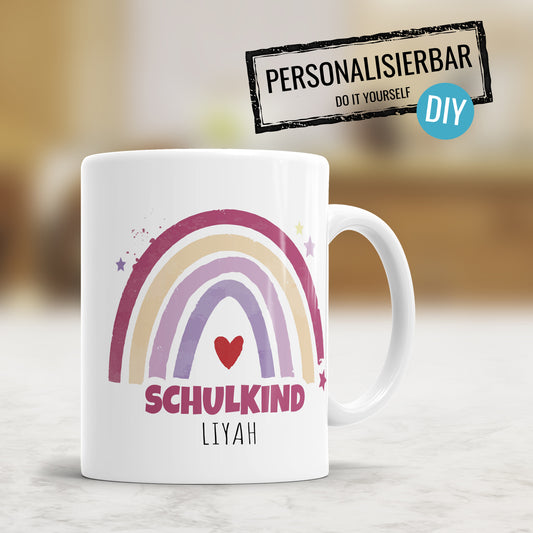 Schulkind Regenbogen Pink Edition personalisiert mit Namen - Kindertasse - Fulima
