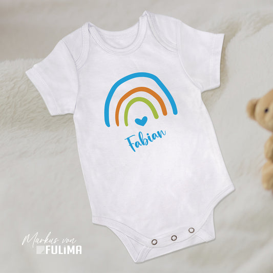 Babybody - Regenbogen mit Herz - Blau - Personalisiert mit Namen - FULiMA®