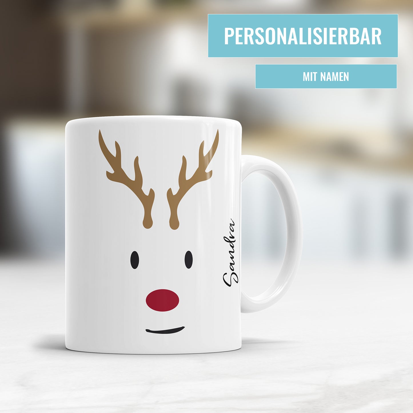 Rudolf Rentier Gesicht Tasse - Personalisiert mit Namen - Weihnachtliches Geschenk - Fulima