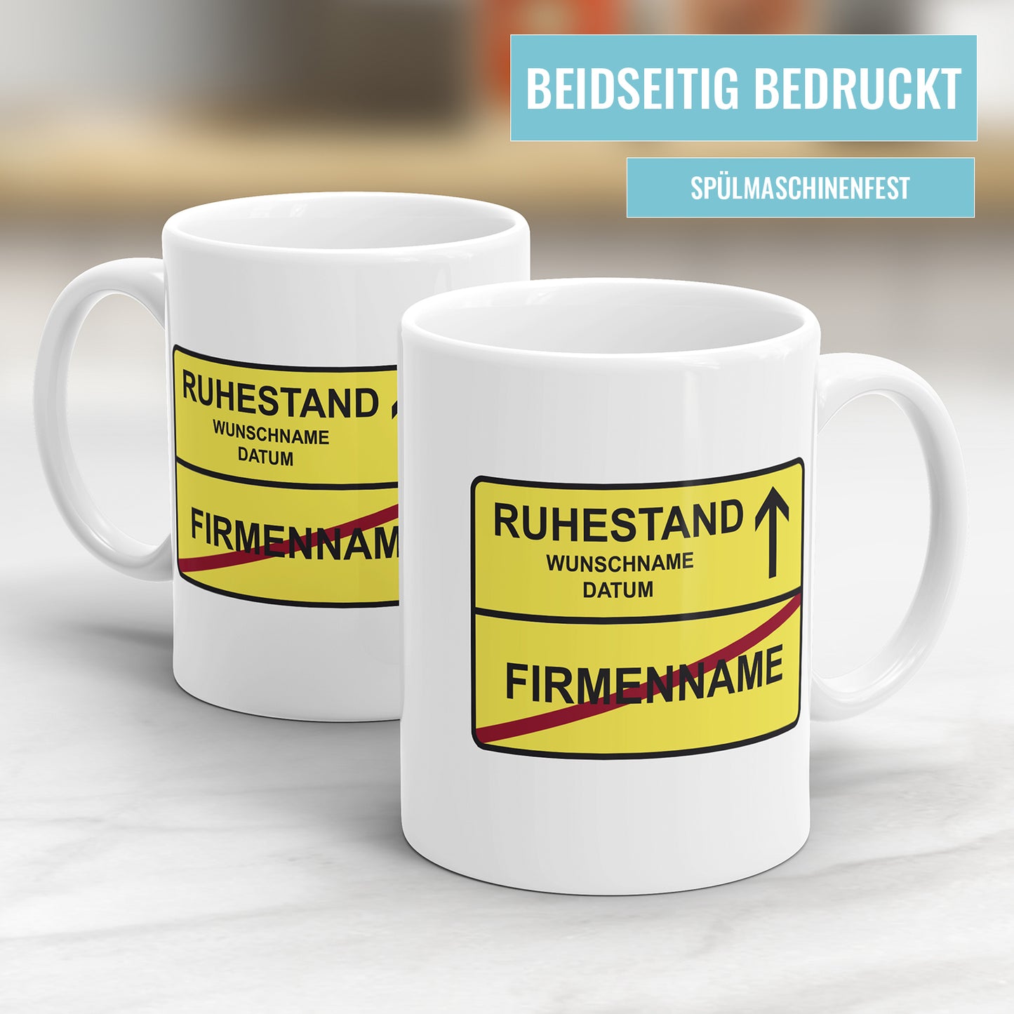 Ortswechselschild Ruhestand Firma mit Namen und Datum - Personalisierte Rente Tasse - Fulima
