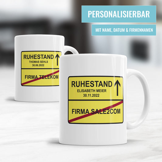 Ortswechselschild Ruhestand Firma mit Namen und Datum - Personalisierte Rente Tasse - Fulima