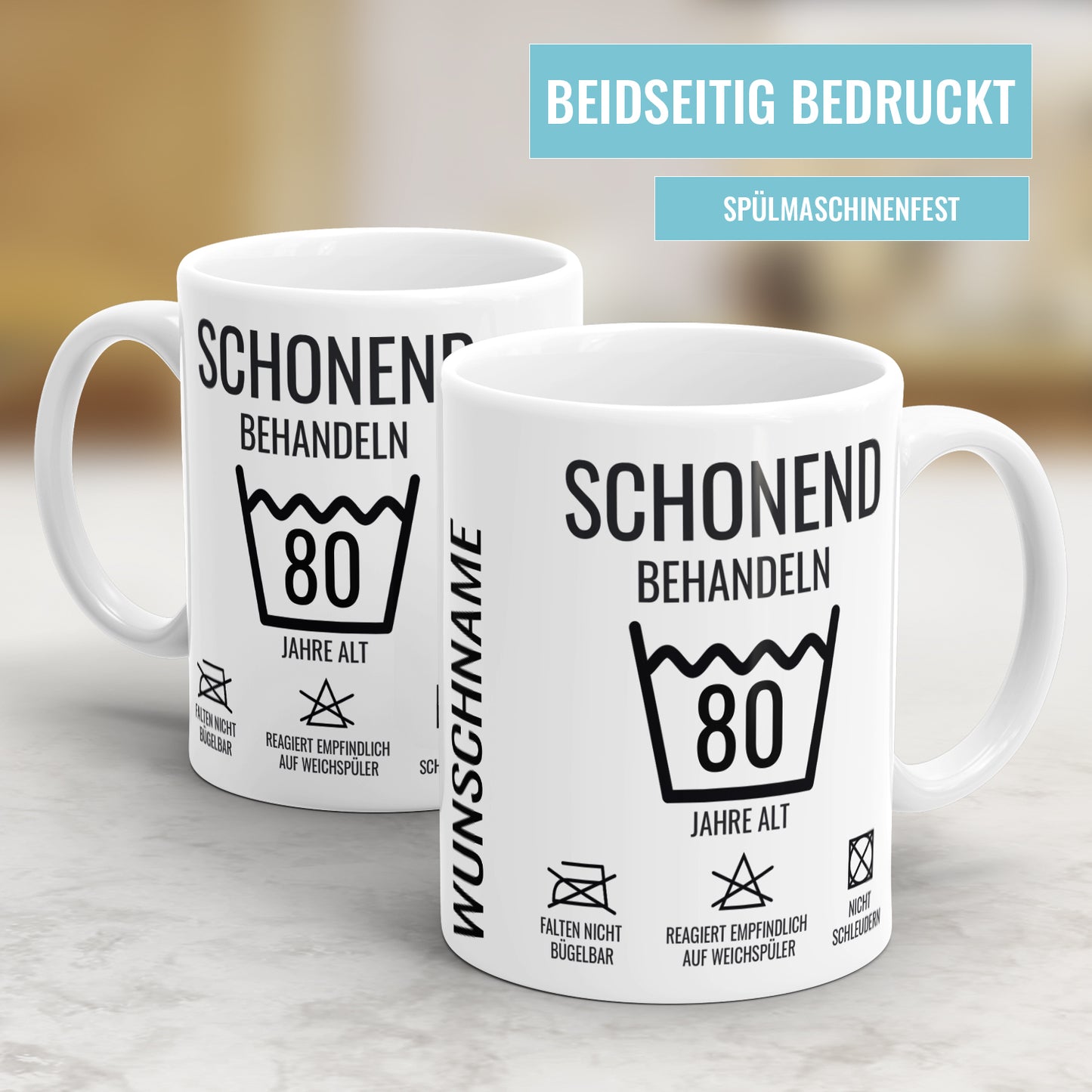 Schonend behandeln 80 Jahre Waschanleitung personalisiert mit Namen 80 Geburtstag Tasse - Fulima