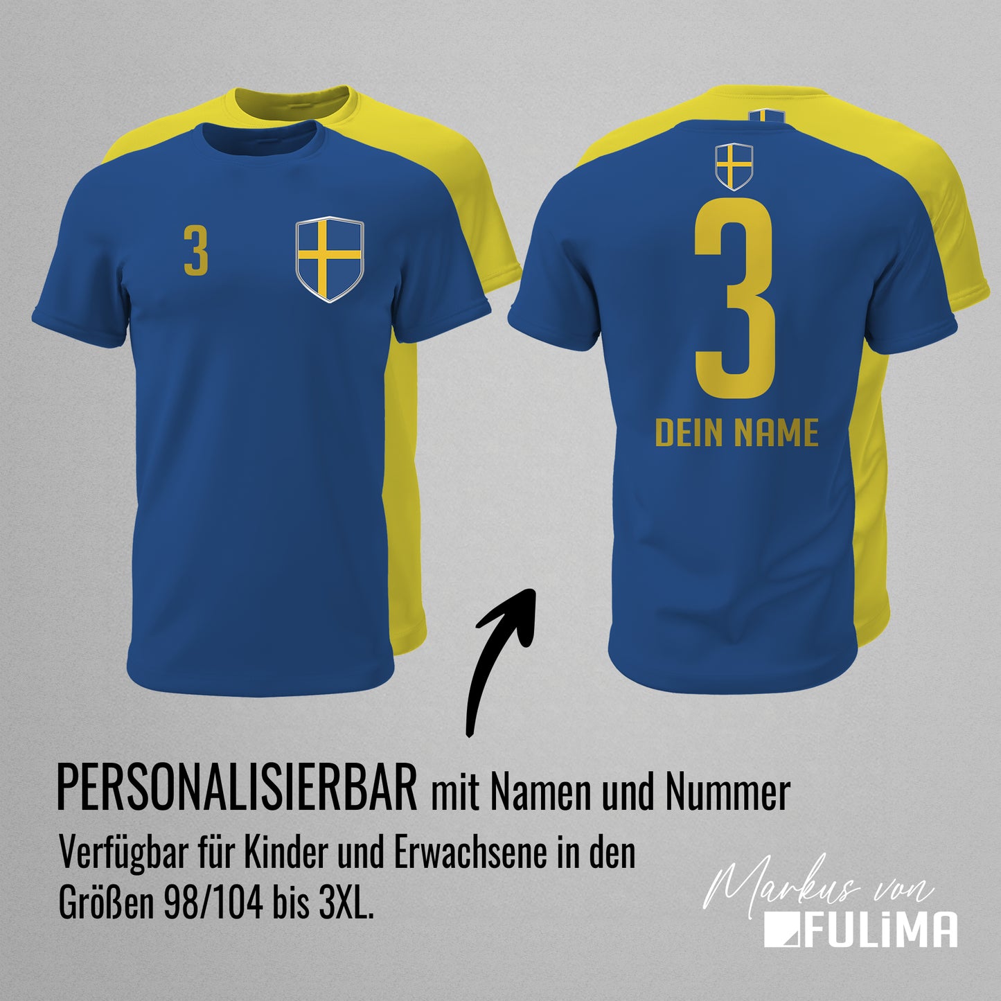 Schweden Shirt mit Wappen und individueller Nummer & Name - FULiMA®