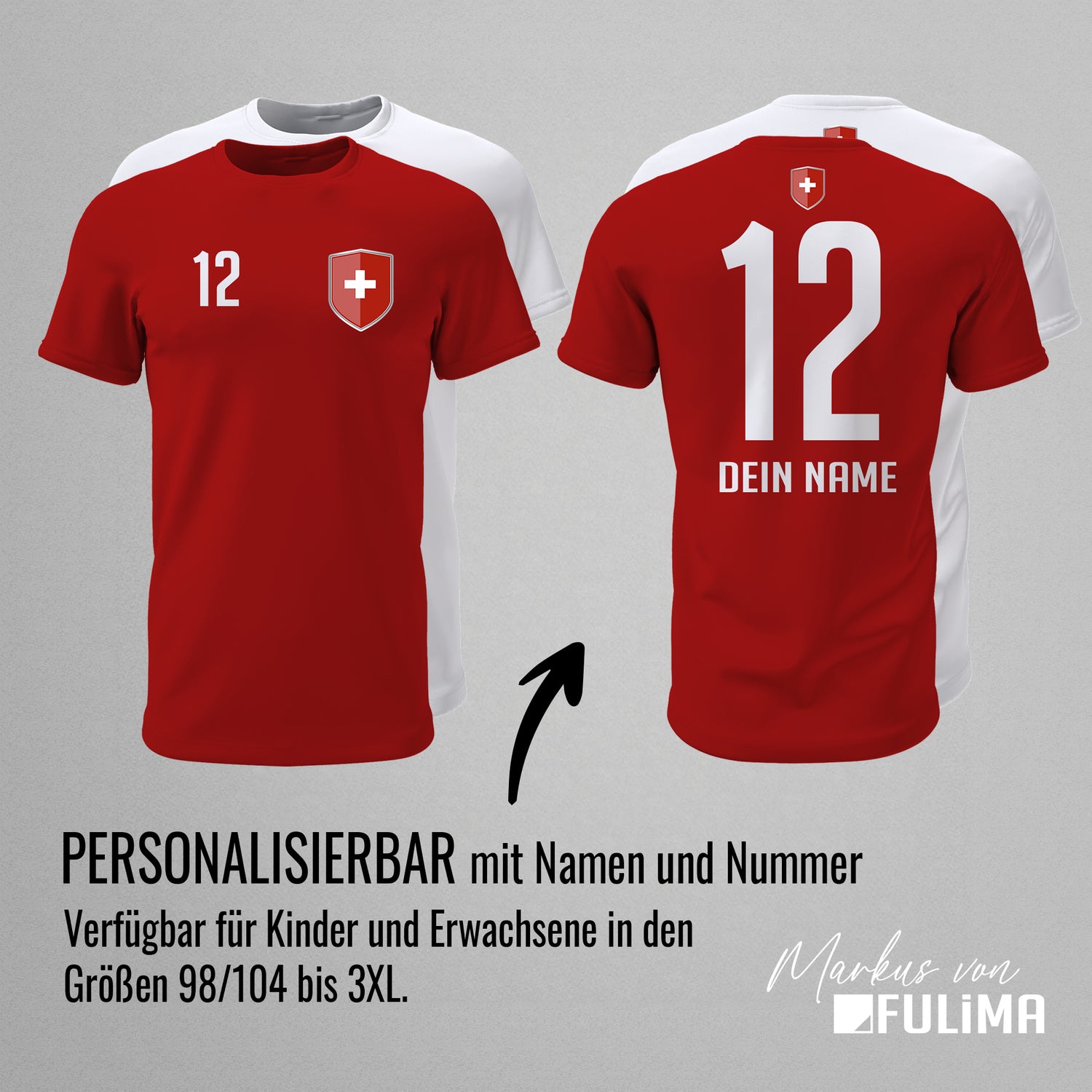 Schweiz Shirt mit Wappen und individueller Nummer & Name - FULiMA®