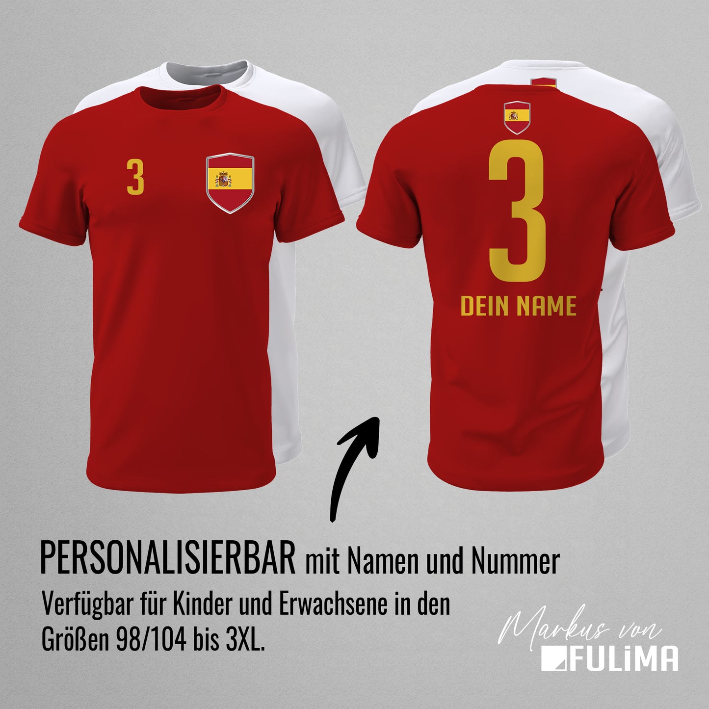 Spanien Shirt mit Wappen und individueller Nummer & Name - FULiMA®