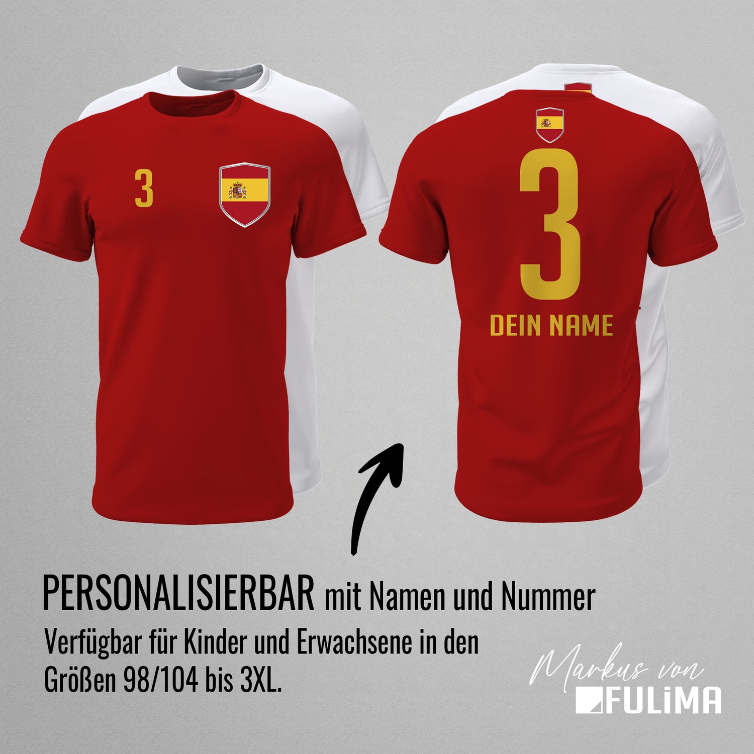 Spanien Shirt mit Wappen und individueller Nummer & Name - FULiMA®