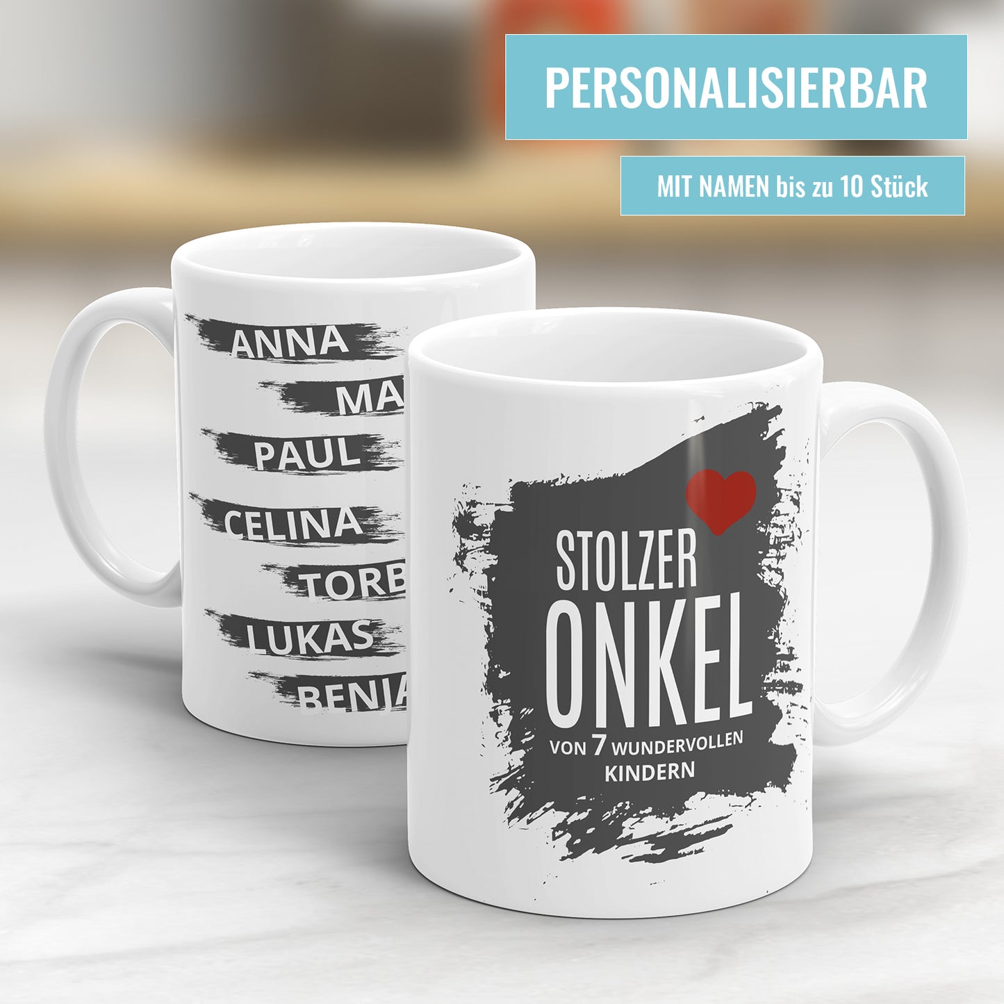 Stolzer Onkel Tasse - Herz Design - Bis zu 10 Namen personalisierbar - Fulima
